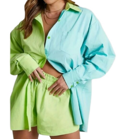 Super cute two piece button down and short set sz Small